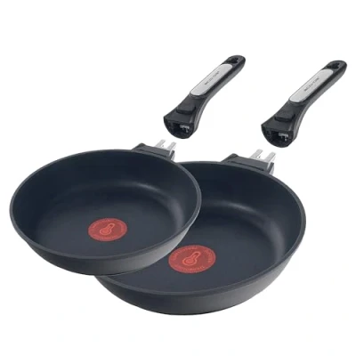 Imagen de ECODE® Sartenes 20/24 cm con 2 Mango Extraible, Antiadherentes y Indicador de Temperatura Óptima Aptas para Horno, Lavavajillas Todas las Cocinas Aluminio Fundido Inoxidable (20+24 cm)