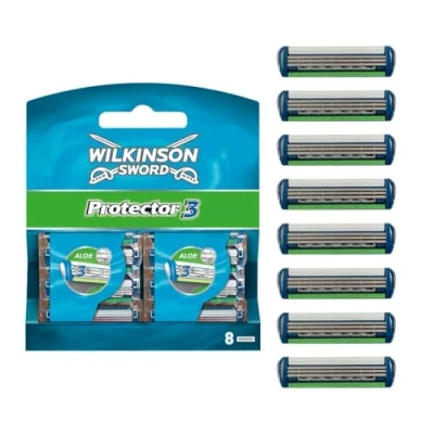 Imagen de Wilkinson Sword Protector 3, 8 Recambios de Cuchillas Afeitar 3 Hojas con Banda Lubricante Aloe Vera