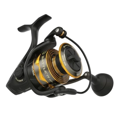 Imagen de PENN Carrete Giratorio Battle® IV, Pesca en Agua Salada Señuelos y cebos para Peces Marinos, Robusto de Aluminio ambidiestro 4000 Alta Velocidad Tamaño 7.0:1 Negro, Dorado Ahumado