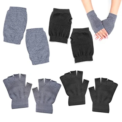 Imagen de 2 pares de guantes sin dedos, con medio dedo, cálidos cortos color gris negro, extensiones muñeca, adecuados para el invierno, la escuela, oficina, escribir.