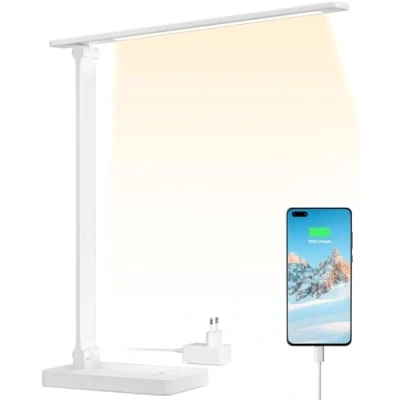 Imagen de Lepro Lámpara Escritorio LED, Flexo LED 15W, de Mesa Puerto Carga USB, 655LM 3 Color y 5 Nivel Brillo Regulable, Luz Cuidado Ojos para Cama, Oficina, Estudiar, Blanco