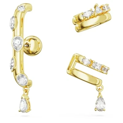 Imagen de Swarovski Conjunto de 3 Pendientes Ear Cuff Dextera, Tallas Mixtas, Cristales Blancos, Baño Tono Oro