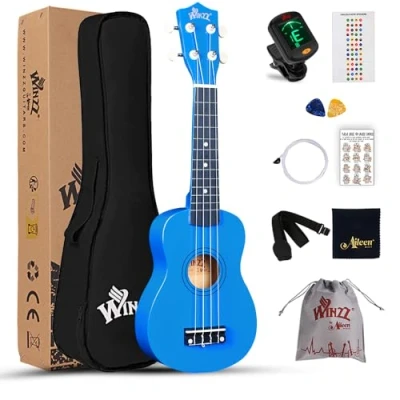 Imagen de Winzz Kit de iniciación ukelele soprano para principiantes con bolsa, afinador clip, cuerdas adicionales, correa, púa, calcomanías trastes, tarjeta acordes, paño pulido, azul oscuro