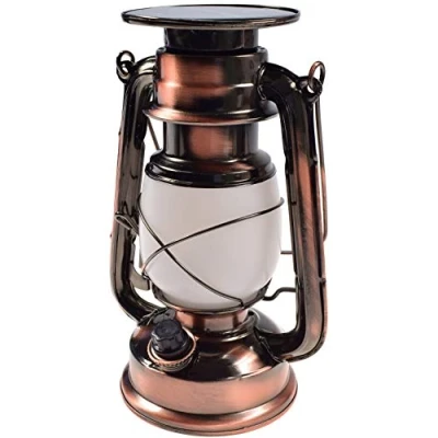 Imagen de Farol led solar para camping con asa y batería, diseño retro, regulable, 23,5 cm, carcasa de metal, luz blanca cálida
