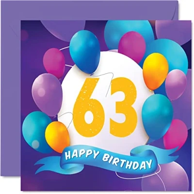 Imagen de Tarjeta de cumpleaños número 63 para hombres y mujeres, fiesta globos, tarjetas feliz hombre años, mujer, mamá, papá, tía, tío, abuelo, abuela, 145 mm,