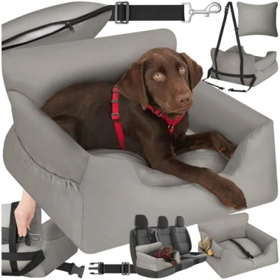 Imagen de tectake® Asiento Perro Coche, de Coche para Perros pequeños y medianos, Correa Ajustable, cojin Lavable, Protector Perros, Transporte Beige