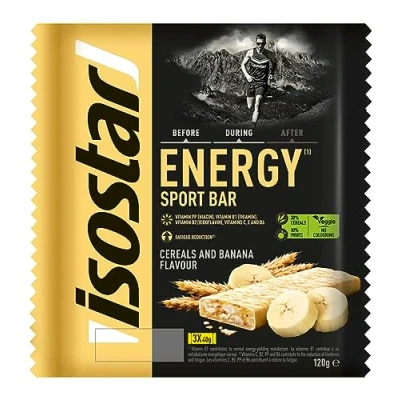 Imagen de Isostar, Barritas Energy Sport con Niacina, Vitaminas B1, B2, C, E y B6. Ayudan a mantener el metabolismo energético normal reducir la fatiga. Sabor Banana, 3x40gr