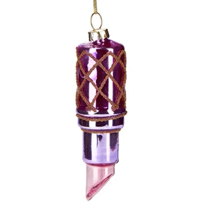 Imagen de BRUBAKER LáPiz de Labios Rosa Bola Cristal Pintado a Mano Boca Soplada Figuras Decoración del arbol Navidad Divertida Colgante 10 cm