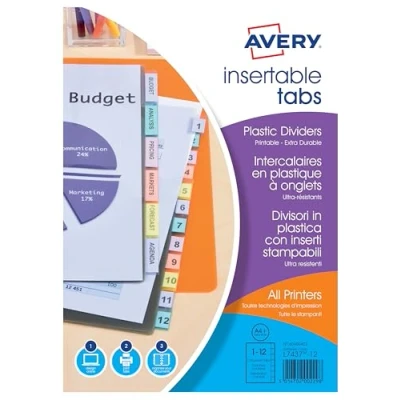 Imagen de Avery 60400402 Separadores translúcidos (polipropileno, pestañas personalizables, A4+, aptos para impresión de inyección tinta y láser)