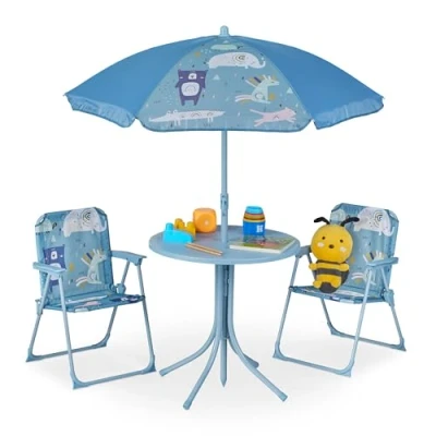 Imagen de Relaxdays 0 Mobiliario Infantil para Jardín, Sombrilla de Playa, Sillas Plegables, Mesa Niños, Animales, Azul, 1 Unidad