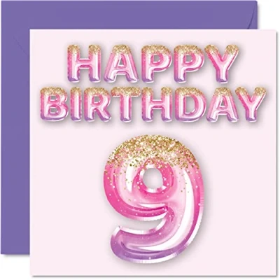 Imagen de Tarjeta de cumpleaños número 9 para niñas, globos purpurina rosa y morada, tarjetas feliz niñas años, hija, hermana, nieta, prima, 145 mm x mm, felicitación