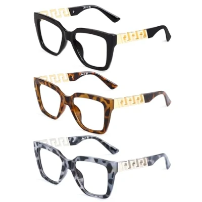 Imagen de JM 3 Pack Cuadrada Gafas de Lectura para Mujer, Moda Gran Tamaño Presbicia con Bloqueo a Luz Azul Lectores Ordenador +3.0