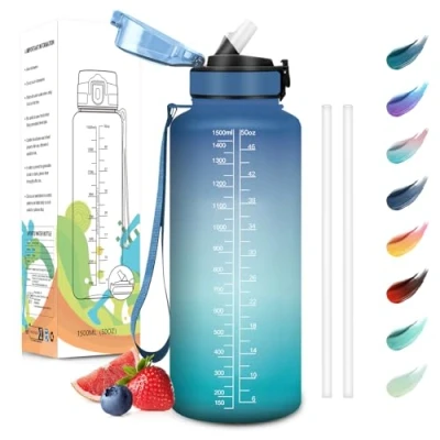 Imagen de Motswedi Botella Agua 1500ml, Sin BPA, con Pajita, Reutilizable, Gimnasio, a Prueba de Fugas, Agua, Cantimplora para Gym, Yoga, Oficina, Escuela, Azul Verde