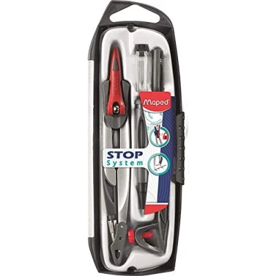 Imagen de Maped Material Escolar Stop System Caja 5 Piezas Compás de Precisión Incluye 1 Abrazadera Universal, Portaminas, Afilaminas y Estuche Minas Sistema Bloqueo Brazos