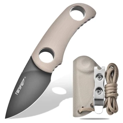 Imagen de TONIFE Cuchillo de Hoja Fija 4,7cm, Mini Cuello con Funda Kydex y Cordón, Fijo Portátil EDC para Supervivencia al Aire Libre (Arena Cálida+Gary Titanio)
