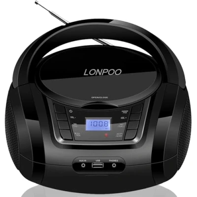 Imagen de LONPOO Lectore de CD Portátil Boombox Reproductor Bluetooth/Radio FM/USB 2.0 / AUX IN/Salida Auriculares/Estéreo Altavoz /5 EQ (Negro 3)