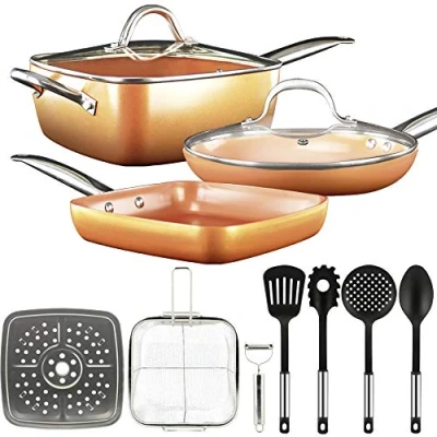 Imagen de gridinlux® Batería de Cocina 12 piezas Cobre Set Juego sartenes Acero Inox con tapa Vidrio Templado Todo tipo Cocinas: Inducción Gas Vitro Horno Utensilios
