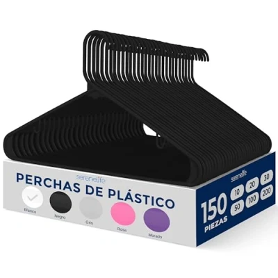 Imagen de SereneLife Perchas de plástico, 150 Piezas, Juego Antideslizantes y Resistentes con Gancho Giratorio 360, Acabado Suave para Proteger la Tela, Ligeras ultrafinas Abrigos