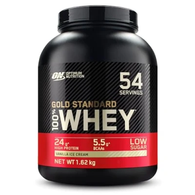 Imagen de Optimum Nutrition Gold Standard 100% Whey, Proteína en Polvo para Recuperacíon y Desarrollo Muscular con Glutamina Natural Aminoácidos BCAA, Sabor Helado de Vainilla, 54 Dosis, 1.62 kg