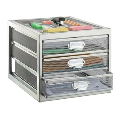 Imagen de Relaxdays Organizador Escritorio con 3 Cajones para Documentos A4, Acero, Plateado, 23 x 27,5 35,5 cm