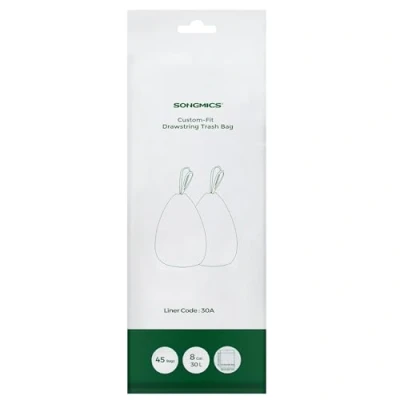 Imagen de SONGMICS Bolsas de Basura Resistentes, Cordón para Cubos Cocina 30 L, Preconfeccionadas, Código Bolsa 30A, 2 Rollos, 90 Unidades, Blanco KRB30A02