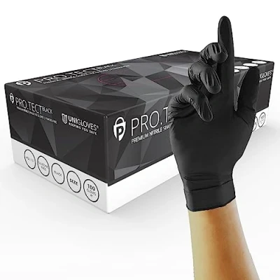 Imagen de Unigloves PRO.TECT GA0043 Guantes desechables de nitrilo un solo uso, multiusos, sin polvo, caja 100 guantes, negro, mediano