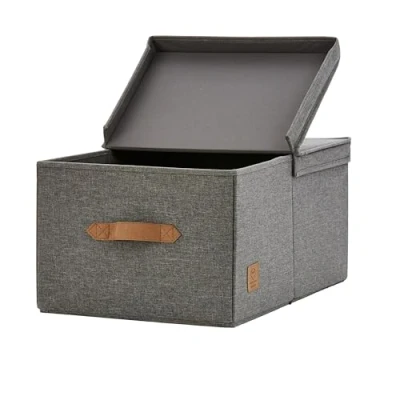Imagen de LOVE IT STORE Premium Caja de almacenamiento con tapa, tela lino, reforzada madera, extragrande y estable, gris, 33 x 50 24 cm
