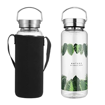 Imagen de sunkey Botella Agua Cristal 1l Deporte, Reutilizable de Claro Vidrio Borosilicato Portátil Bpa Free (1000ml)