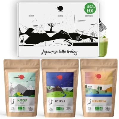Imagen de ORIGEENS Matcha Latte TRILOGÍA SET Té orgánico, Hojicha Genmaicha orgánico en polvo 3 * 50g para