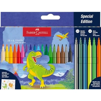 Imagen de Faber Castell 554222 Estuche de Cartón con 24 Rotuladores 18 Colores Clasicos 3 Metalicos Neon Edición Dinosaurio
