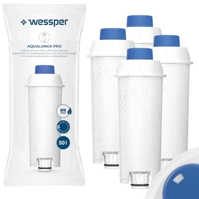 Imagen de Wessper cartuchos de filtro agua para cafeteras automáticas, repuesto DeLonghi DLSC002, SER3017, ECAM, ESAM, ETAM, SECAM, Series S, 4 unidades