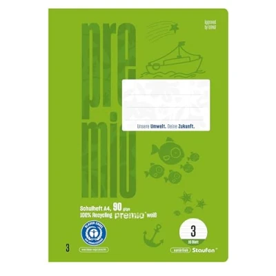Imagen de Staufen Cuaderno de ejercicios DIN A4, con rayas tipo 3 (14 líneas dobles), 4 cuadernos 16 hojas cada uno, papel reciclado 90 g/m², esquinas redondas para evitar orejas burro