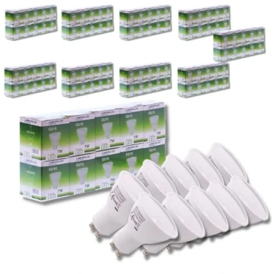 Imagen de Jandei Pack de 100 Bombillas LED GU10 7W (equivalente a 50W), Color Blanco Natural 4200K, 650 Lúmenes, bajo consumo, no regulables, para hogar, oficina, tienda.
