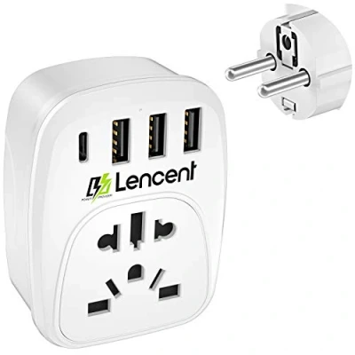 Imagen de LENCENT Adaptador Enchufe UK/USA/AU, Cargador USB Pared con 1 Tipo C+3 USB, para Ingles Reino Unido/Americano/China/Australia/Suiza a España/Portugal/UE Schuko Universal Corriente de Viaje