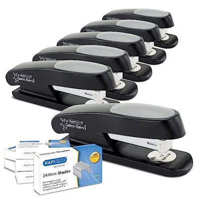Imagen de Rapesco 1734 Confección Business: 6 Grapadoras Germ Savvy Antibacteriano ECO Sting Ray, Capacidad de 20 Hojas y Cajas 1000 Grapas 24/6 mm, Negro