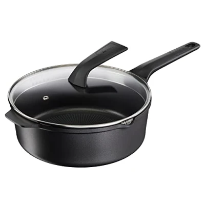 Imagen de Tefal E24933 Robusto Sartén de aluminio fundido (26 cm, con tapa, fácil limpieza, sellado antiadherente, indicador temperatura señal térmica, apta para lavavajillas, inducción, color negro