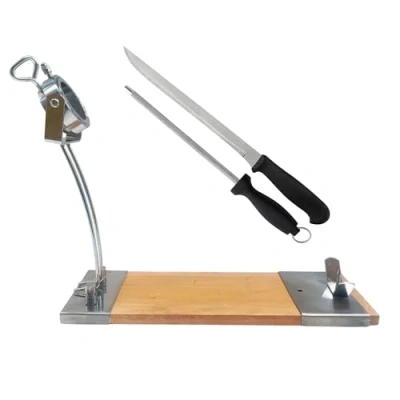 Imagen de Well Home Jamonero IBERIA Luxe cabezal giratorio, en madera y acero inoxidable + Set de cuchillo (25cm) Chaira (21cm)
