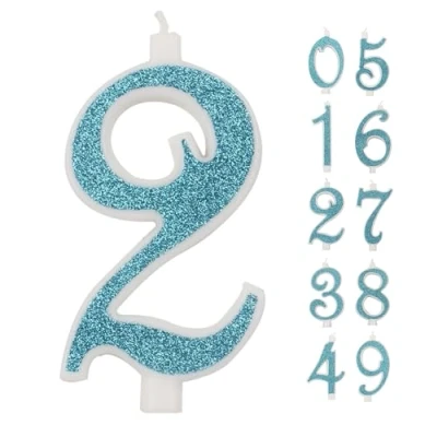 Imagen de IDEGOS Vela grande de 10 cm, velas cumpleaños número 2, 3D azul con purpurina, decoración para tartas cumpleaños, matrimonio (BLEU, 2)