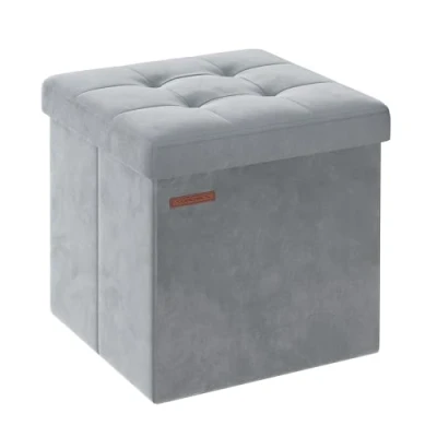 Imagen de SONGMICS Puff Almacenaje, Banco de Almacenamiento Terciopelo Plegable, Taburete Reposapiés, 38 x cm, Carga 300 kg, para Entrada, Sala Estar, Dormitorio, Gris Paloma LSF227G02