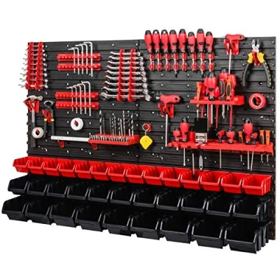Imagen de caja apilable para pared de herramientas, 1152 x 780 mm, sistema almacenamiento, juego soportes herramientas y 34 unidades, estantería pared, taller,