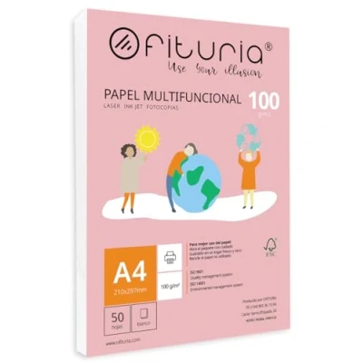 Imagen de Paquete de folios A4 100gr con 50 Hojas Blancas, Papel Multifuncional para Uso Escolar y Entornos Laborales. Ideal impresoras láser, inyección o fotocopiadoras Ofituria