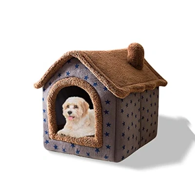 Imagen de Galatée Cama De Cueva Gato, Lavable para Perros, Iglú Felpa Cálida y Acogedora Gatos, Casa Mascotas Plegable, con Fondo Antideslizante(M, Estrellas Marrones)
