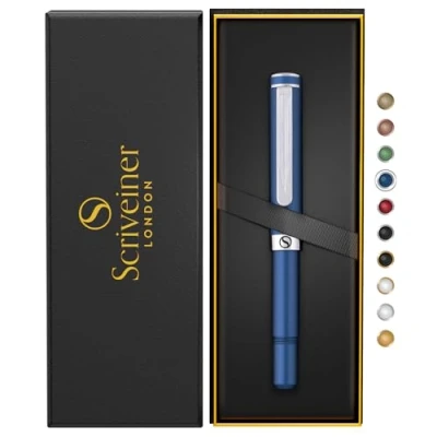 Imagen de Scriveiner bolígrafo azul EDC de lujo, impresionante bolsillo con acabado cromado, escritura genial, el mejor regalo para hombres y mujeres, recambio Schmidt alemán, bonito