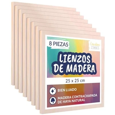 Imagen de Creative Deco Lienzos Madera para Pintar Acrílico Set de 8 Piezas 25 x cm Tableros Canvas Paneles Contrachapado Ideal Decorar, Grabar, Decoupage, Manualidades y Proyectos Artísticos