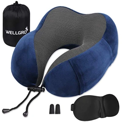 Imagen de WELLGRO Juego de Almohada cervical con Antifaz 3D y Tapones para los oídos Funda extraíble Espuma Memoria Cremallera Incluye Bolsa Almacenamiento Viaje Azul Oscuro