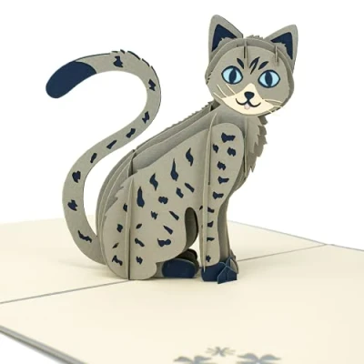 Imagen de LIMAH® Tarjeta de cumpleaños Pop Up 3D, diseño gato gris con ojos azules