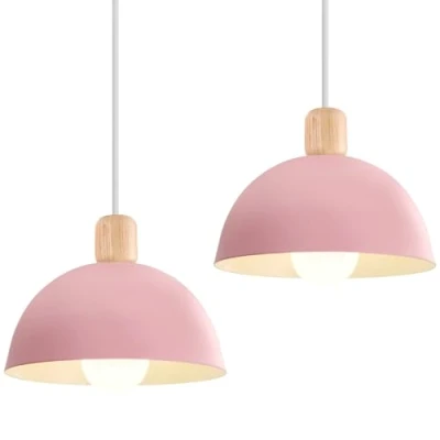 Imagen de iDEGU 2 Piezas Lámparas de Techo Moderna, 20CM LED Lámpara Colgante en Hierro y Madera Estilo Escandinavo Iluminación E27 Retro Luz Interior para Dormitorio Comedor Sala Estar (# Rosa)