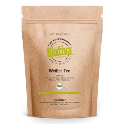Imagen de Biotiva té blanco Pai Mu Tan orgánico 100 g recogido a mano suave, fragante y aromático certificado de comerico justo cultivo sostenible
