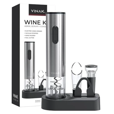 Imagen de VINAK Set de vino WINE KIT Sacacorchos eléctrico a pilas en acero inoxidable + tapón vacío vertedor cortacápsulas Diseño moderno Abrebotellas sin esfuerzo