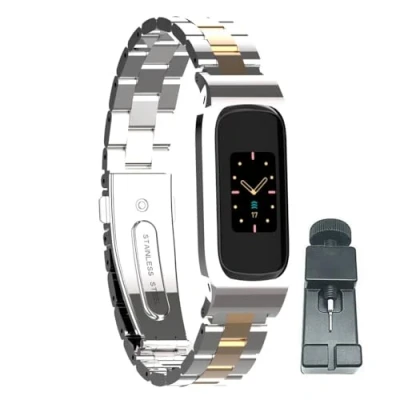 Imagen de T BLUER Correa para Fitbit Luxe Reloj, Doble Botones Plegable Pulsera del Metal Acero Inoxidable Accesorios,Plata Oro